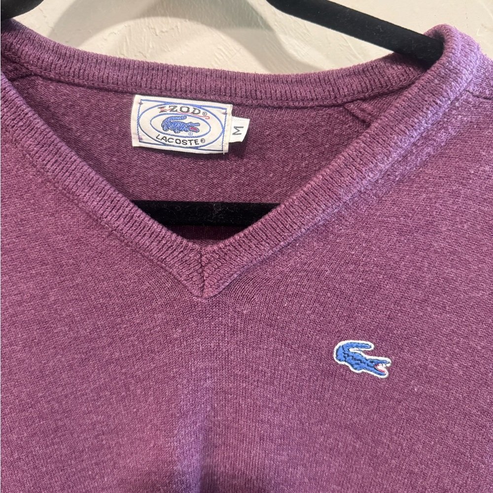 Vintage Lacoste Purple V-Neck Sweater with Ribbed Trim